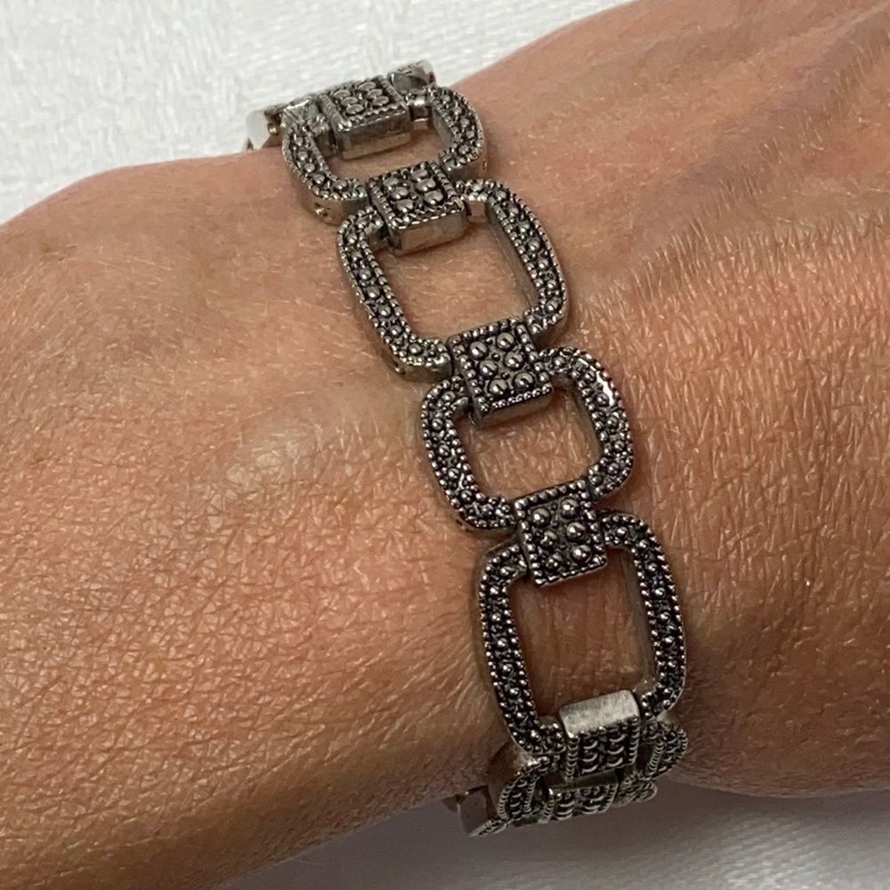 Art Deco Style Antiqued Silver Tone Faux Marcasite Rectangle Link Chain Bracelet